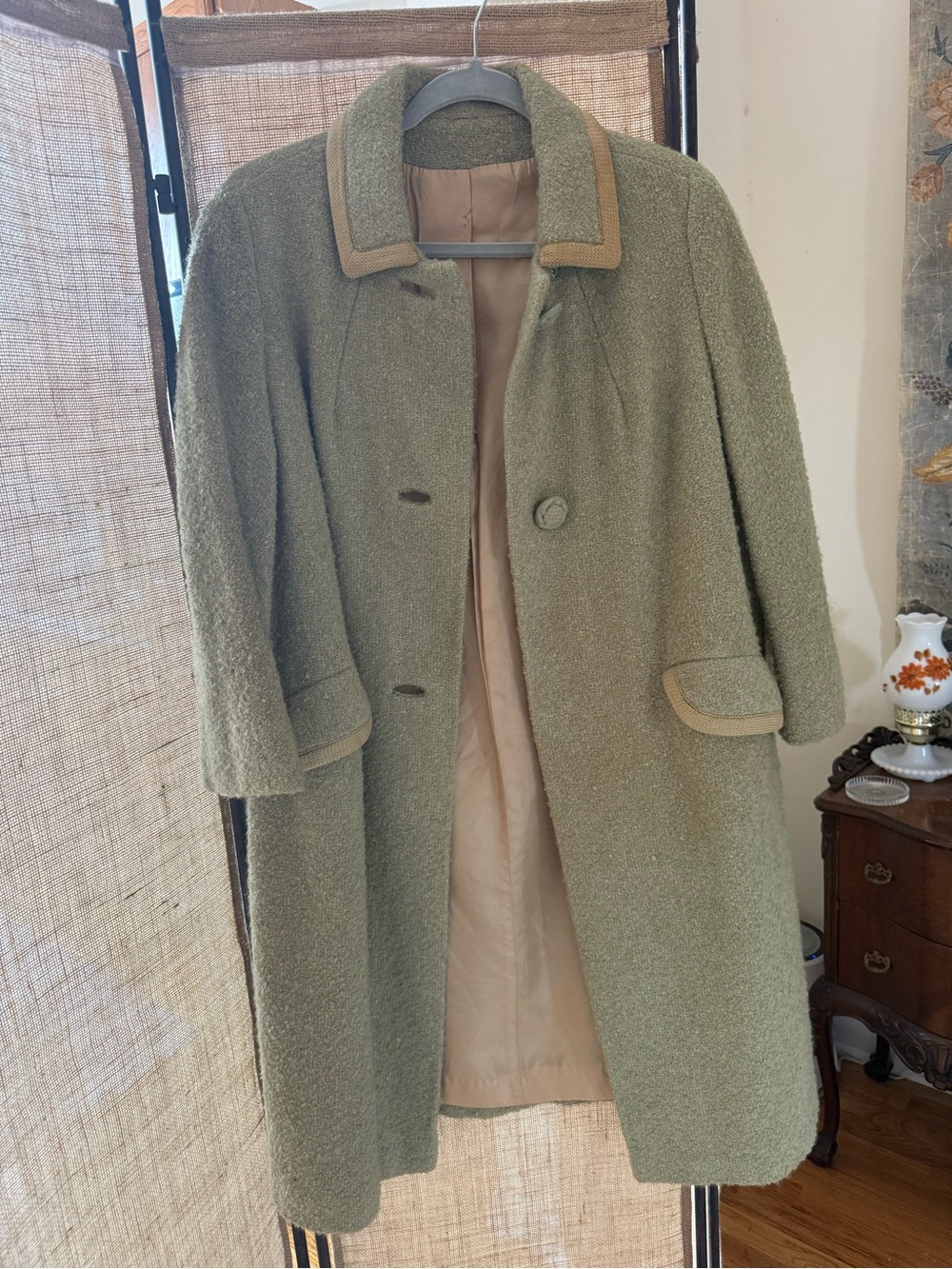 Vintage Olive Green Bouclé Coat with Tan Trim